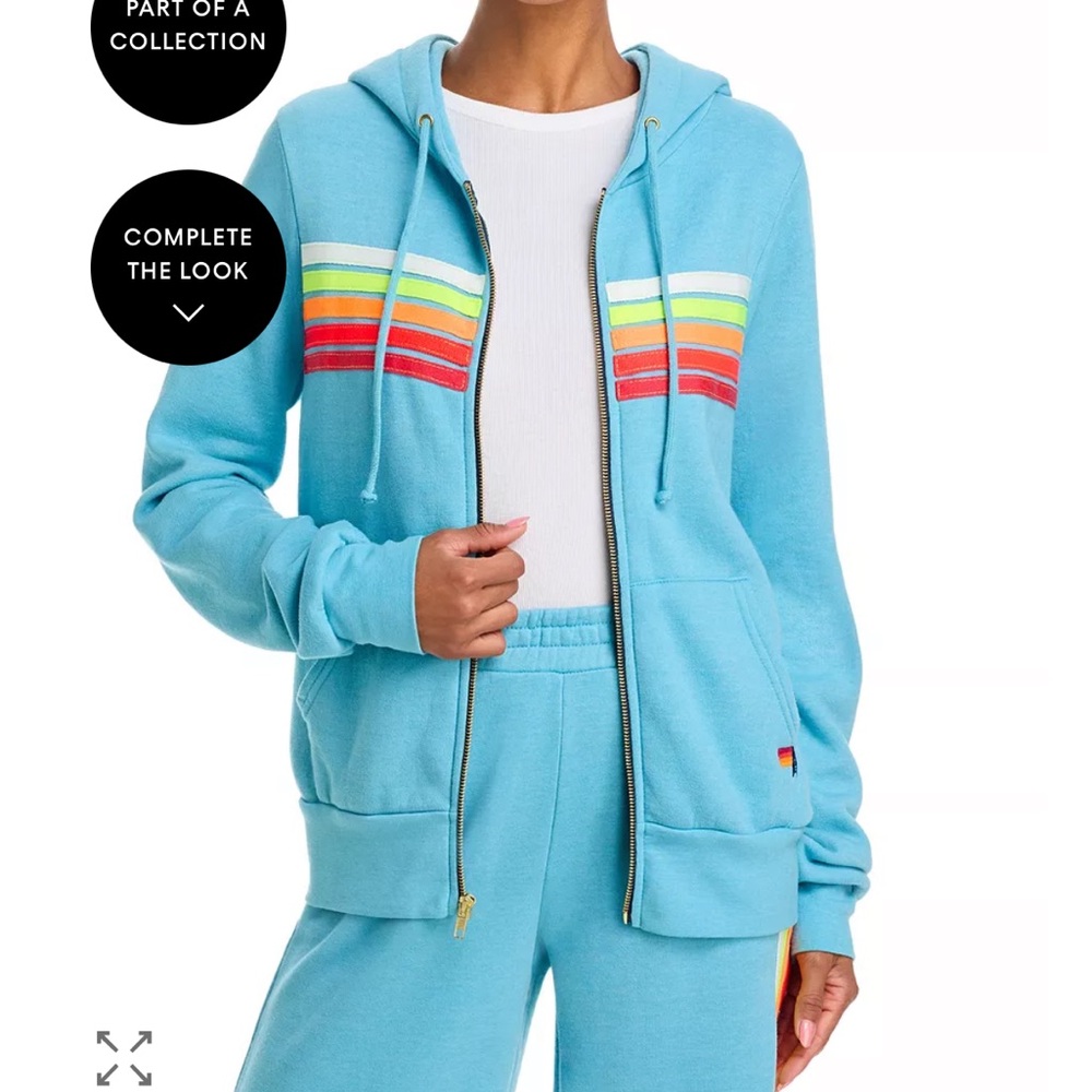 NWT Aviator Nation Sky Blue Zip Hoodie with Red, Orange, Yellow Stripes